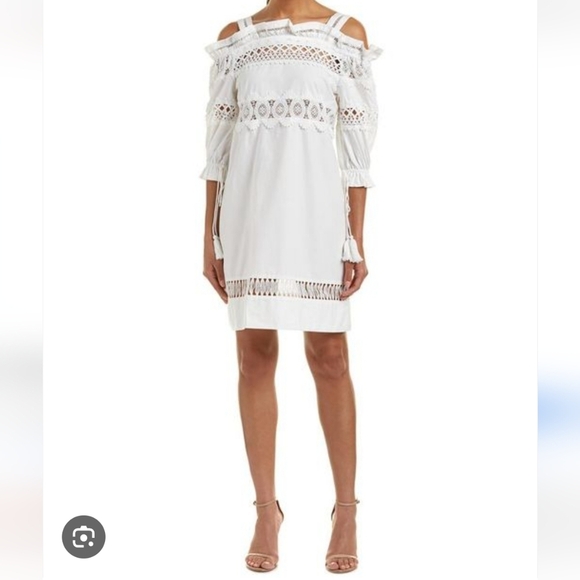 Ina Anthropologie Dress White Off Shoulder Embroidered Med Coastal Cottage Core - Picture 1 of 13